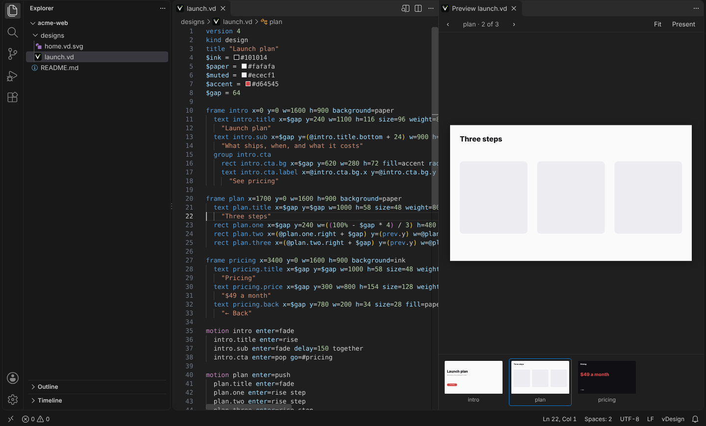 The preview beside a .vd file, with its pages along the bottom
